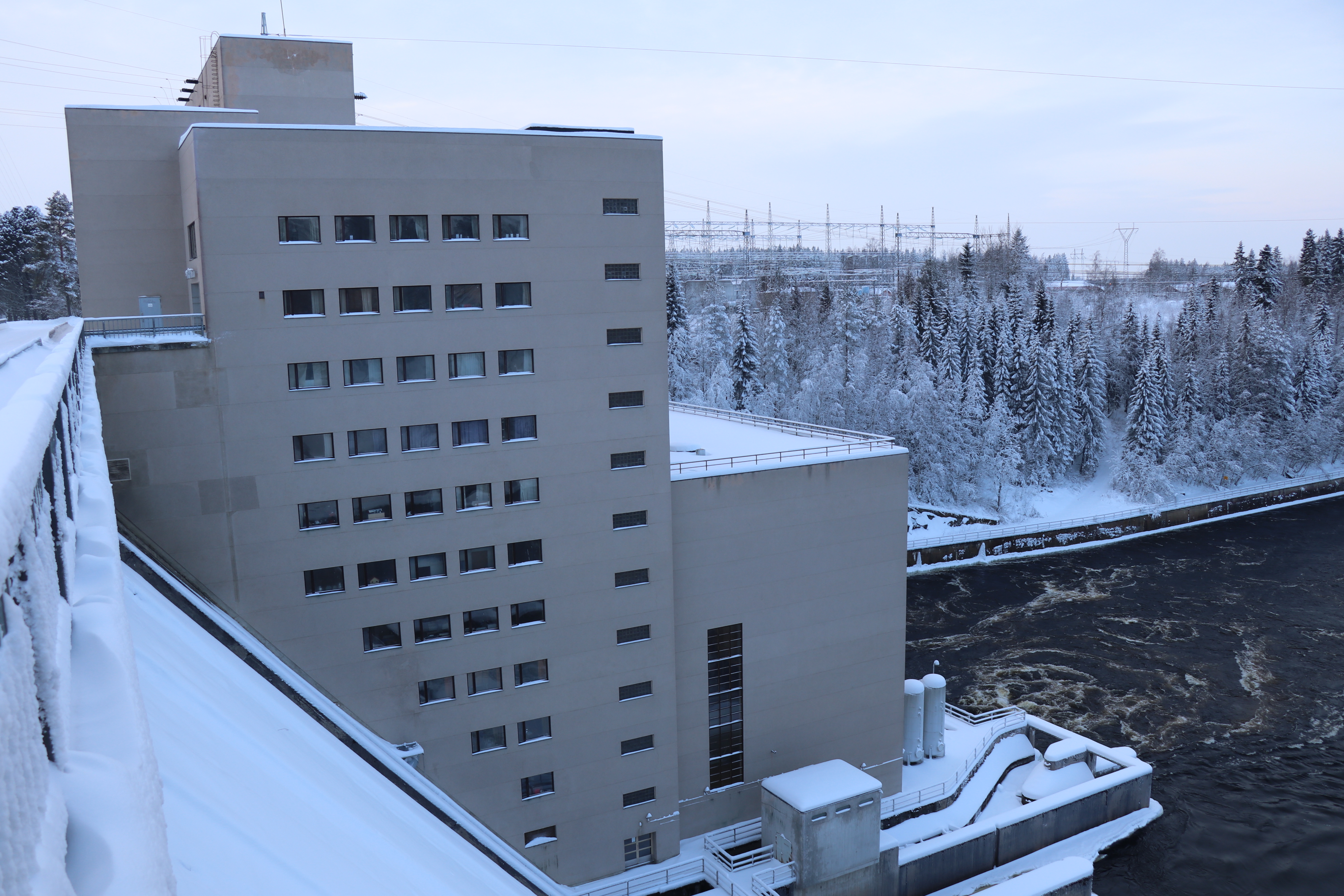 power plant, river, snow